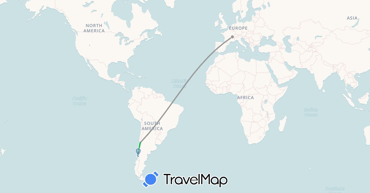 TravelMap itinerary: driving, bus, plane, cycling in Chile, France (Europe, South America)